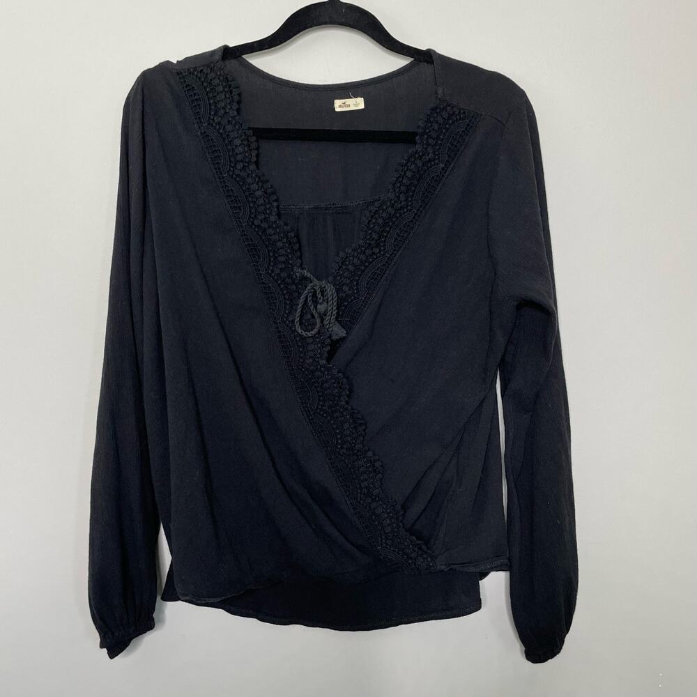 Hollister Long Sleeve‎ Top Wrap Surplice Tie Lace Cotton Blend Black Large